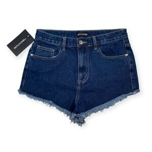 PrettyLittleThing Women’s UK 10 Dark Blue Wash Frayed Hem Denim Shorts